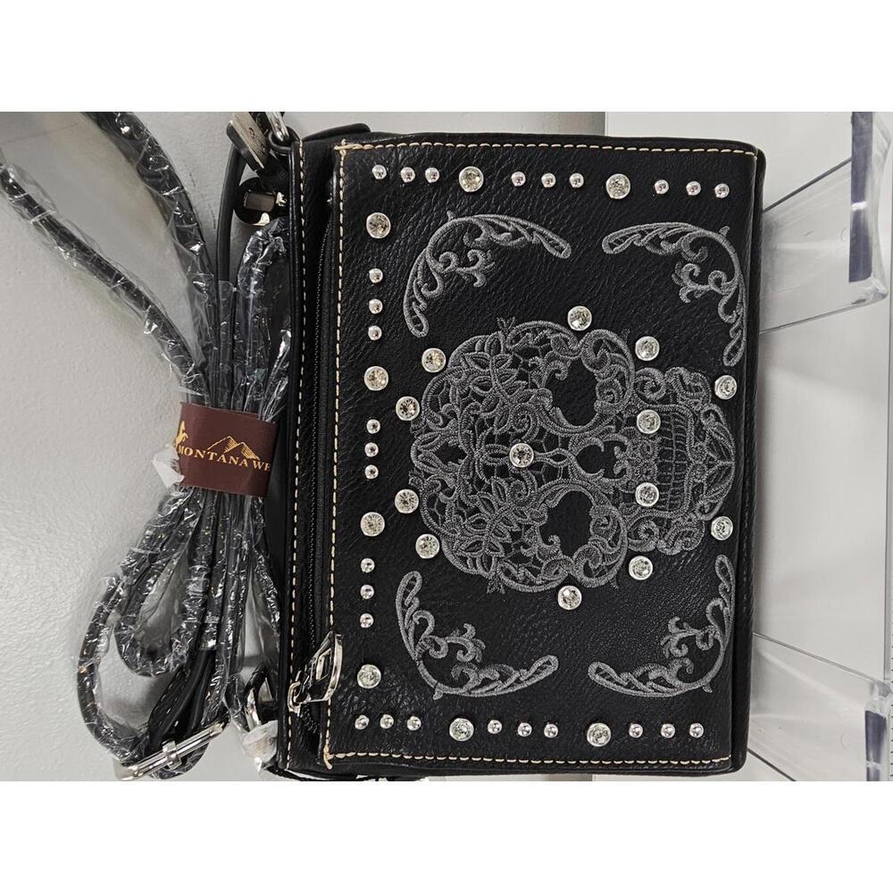Montana West Conceal and Carry Black Bag with Embroidered Skull and Rhinestones